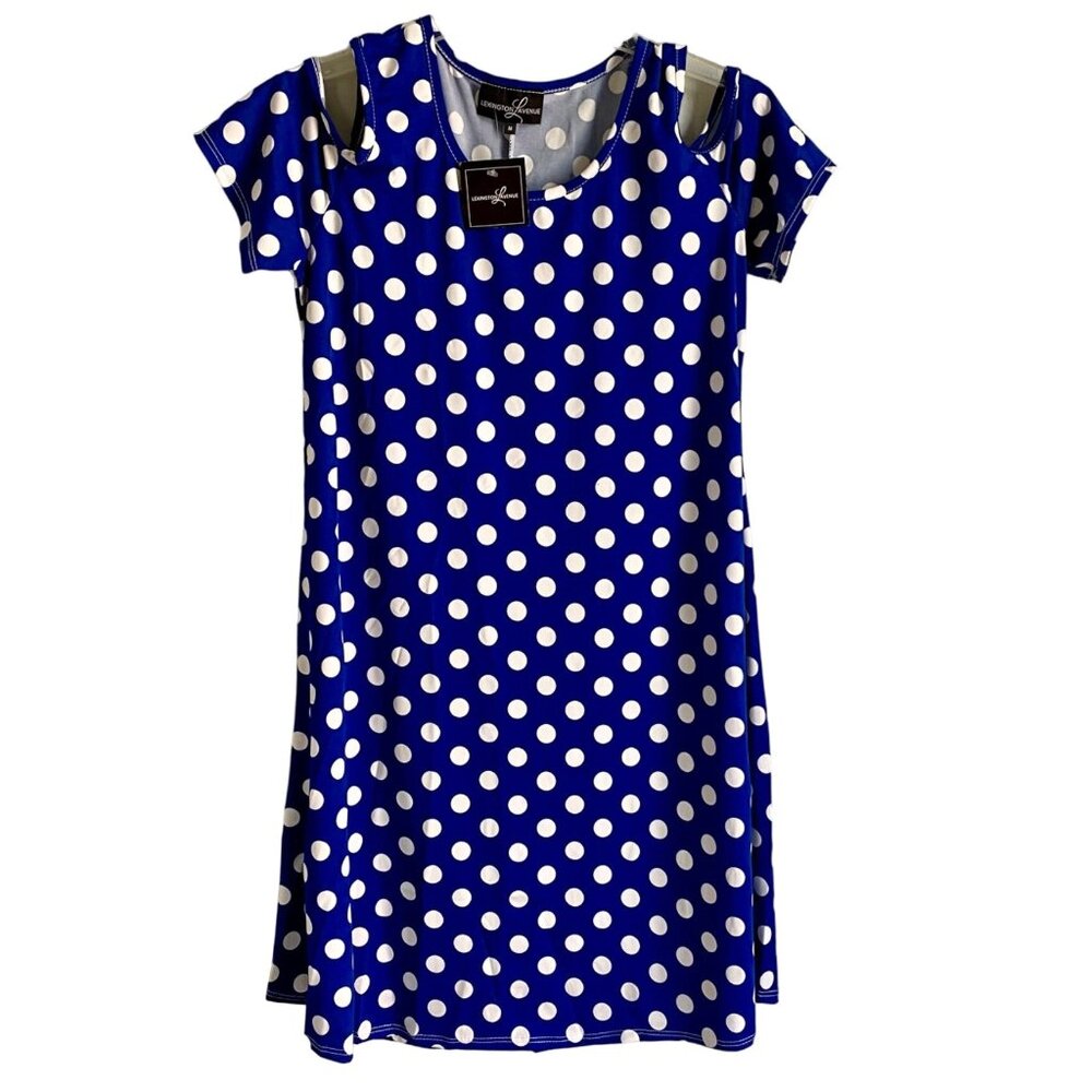 Lexington Avenue Blue and White Polka Dot Cold Shoulder Dress Medium NEW NWT